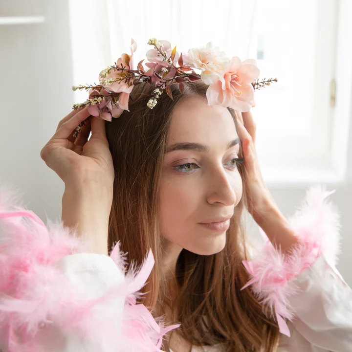 Pääpanta kukkaseppele persikka/vaaleanpunainen - Image 3