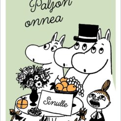 Muumit 'paljon onnea'-kohopainettu postikortti